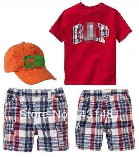Conj. 3 pçs Camiseta GAP+Bermuda Xadrez+Boné